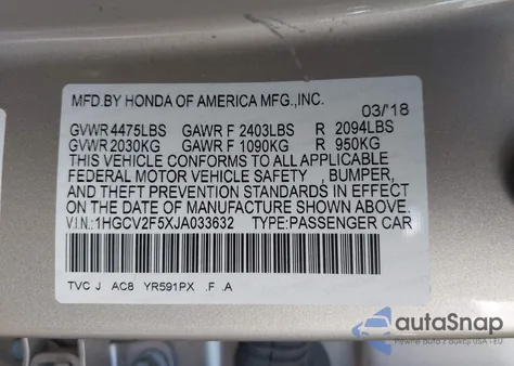 2018 Honda Accord Exl from USA, damaged, VIN 1HGCV2F5XJA033632